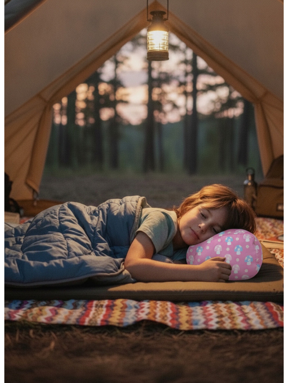 Camping Pillow- Pink with Light Blue and Pink Mushrooms